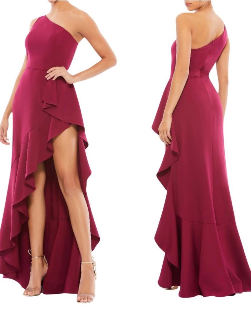 Mac Duggal One Shoulder High Slit Ruffle Gown Size 8 Berry Formal Wedding